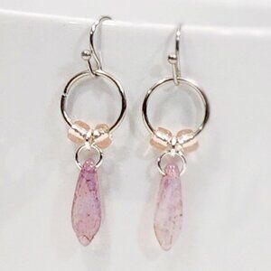 Czechoslovakian Pink Glass Dagger Earrings Lightweight Minimalist